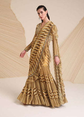 Divya Aggarwal-Yellow Rosaria Printed Draped Sari And Blouse-INDIASPOPUP.COM