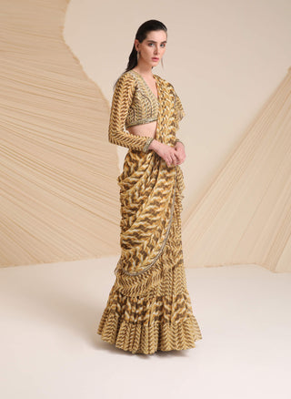 Divya Aggarwal-Yellow Rosaria Printed Draped Sari And Blouse-INDIASPOPUP.COM