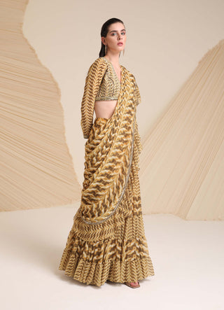 Divya Aggarwal-Yellow Rosaria Printed Draped Sari And Blouse-INDIASPOPUP.COM