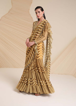 Divya Aggarwal-Yellow Rosaria Printed Draped Sari And Blouse-INDIASPOPUP.COM