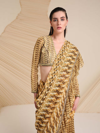 Divya Aggarwal-Yellow Rosaria Printed Draped Sari And Blouse-INDIASPOPUP.COM