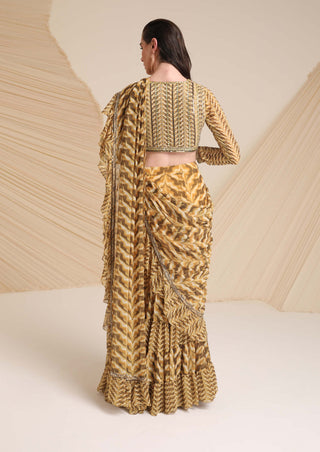 Divya Aggarwal-Yellow Rosaria Printed Draped Sari And Blouse-INDIASPOPUP.COM