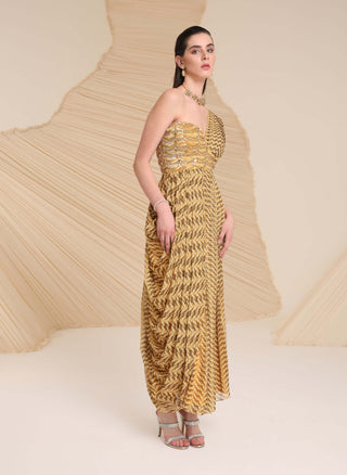 Divya Aggarwal-Yellow Printed Draped Dress-INDIASPOPUP.COM