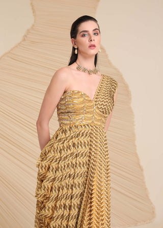 Divya Aggarwal-Yellow Printed Draped Dress-INDIASPOPUP.COM