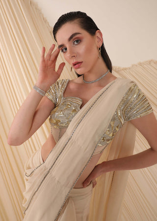 Divya Aggarwal-Hertha Ivory Pre-Draped Sari With Corset-INDIASPOPUP.COM