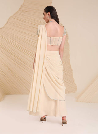 Divya Aggarwal-Hertha Ivory Pre-Draped Sari With Corset-INDIASPOPUP.COM