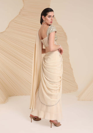 Divya Aggarwal-Hertha Ivory Pre-Draped Sari With Corset-INDIASPOPUP.COM