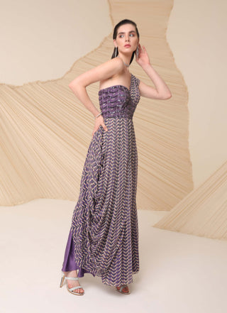 Divya Aggarwal-Purple Printed Draped Dress-INDIASPOPUP.COM