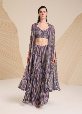 Divya Aggarwal-Purple Aubree Printed Sharara And Cape Set-INDIASPOPUP.COM