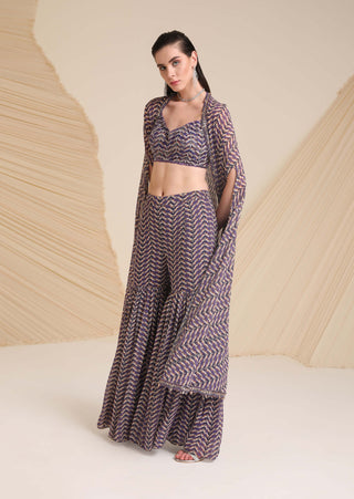 Divya Aggarwal-Purple Aubree Printed Sharara And Cape Set-INDIASPOPUP.COM