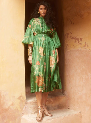 Paulmi & Harsh-Green Printed Floral Maxi Dress-INDIASPOPUP.COM