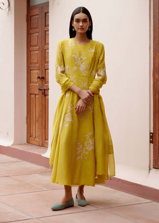 Citrine Floral Anarkali And Dupatta by Vaayu, available on Indiaspopup.com