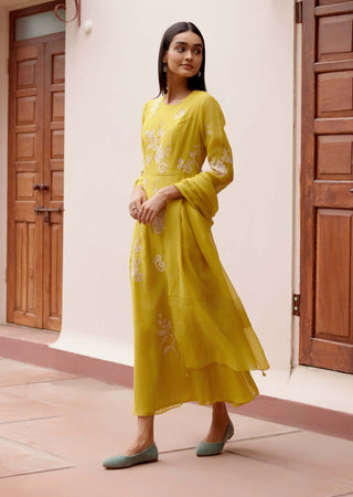 Citrine Floral Anarkali And Dupatta by Vaayu, available on Indiaspopup.com