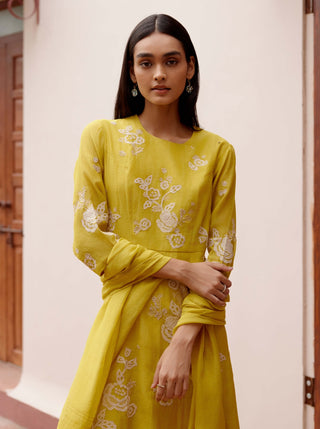 Citrine Floral Anarkali And Dupatta by Vaayu, available on Indiaspopup.com