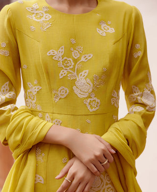 Citrine Floral Anarkali And Dupatta by Vaayu, available on Indiaspopup.com