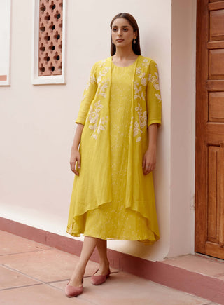 Citrine Floral Embroidery Jacket Dress by Vaayu, available on Indiaspopup.com