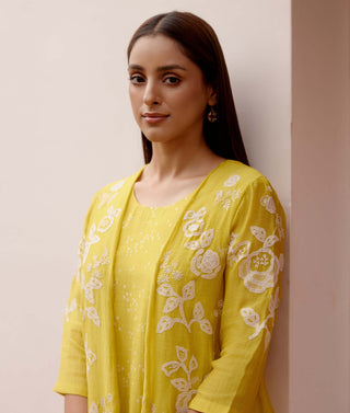 Citrine Floral Embroidery Jacket Dress by Vaayu, available on Indiaspopup.com