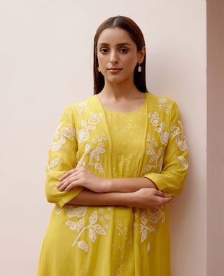 Citrine Floral Embroidery Jacket Dress by Vaayu, available on Indiaspopup.com