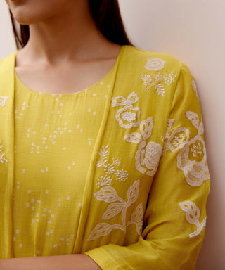 Citrine Floral Embroidery Jacket Dress by Vaayu, available on Indiaspopup.com