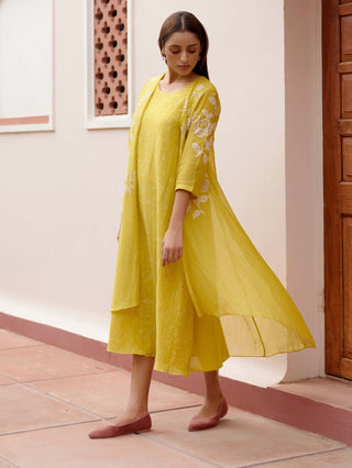 Citrine Floral Embroidery Jacket Dress by Vaayu, available on Indiaspopup.com