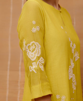 Citrine Floral Applique Kurta Set by Vaayu, available on Indiaspopup.com