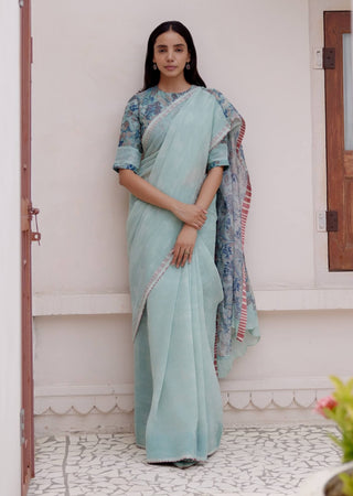 Sage Floral Sari And Blouse by Vaayu available on Indiaspopup