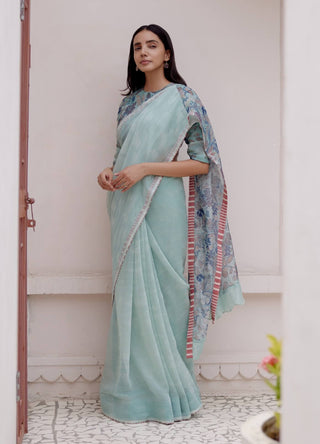 Sage Floral Sari And Blouse by Vaayu available on Indiaspopup