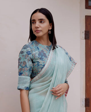 Sage Floral Sari And Blouse by Vaayu available on Indiaspopup