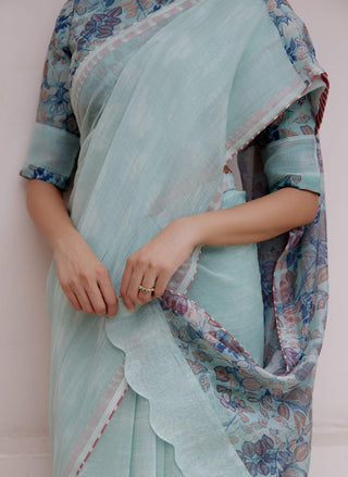 Sage Floral Sari And Blouse by Vaayu available on Indiaspopup