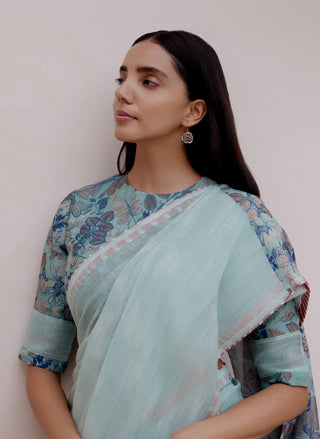 Sage Floral Sari And Blouse by Vaayu available on Indiaspopup