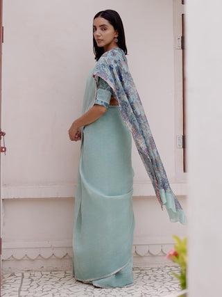 Sage Floral Sari And Blouse by Vaayu available on Indiaspopup