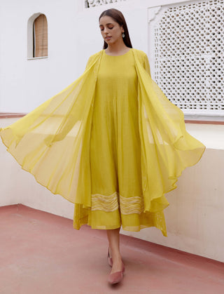 Citrine Yellow Applique Jacket Dress by Vaayu, available on Indiaspopup.com