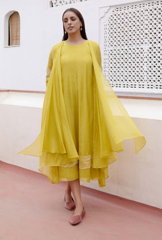 Citrine Yellow Applique Jacket Dress by Vaayu, available on Indiaspopup.com