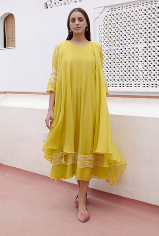 Citrine Yellow Applique Jacket Dress by Vaayu, available on Indiaspopup.com