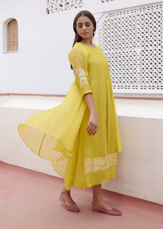 Citrine Yellow Applique Jacket Dress by Vaayu, available on Indiaspopup.com