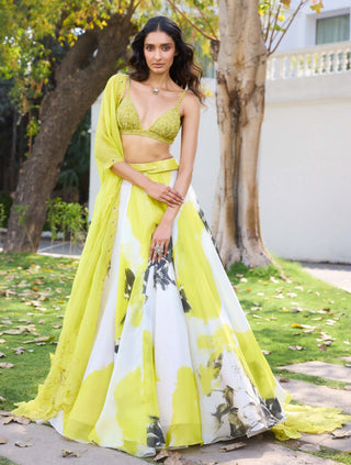 Elke Yellow Organza Lehenga Set by Dolly J, available on Indiaspopup.com