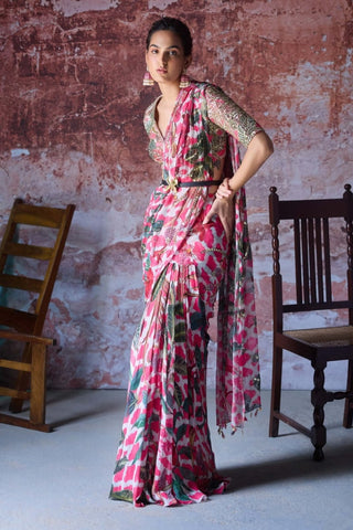 Amayra Hot Pink Ruffle Sari Set by Mahima Mahajan, available on Indiaspopup.com