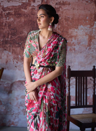 Amayra Hot Pink Ruffle Sari Set by Mahima Mahajan, available on Indiaspopup.com