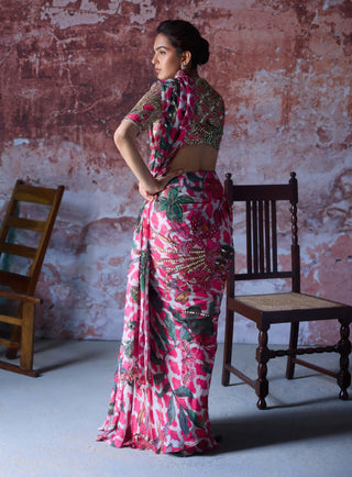 Amayra Hot Pink Ruffle Sari Set by Mahima Mahajan, available on Indiaspopup.com