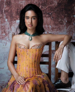 Disha Mustard Corset Gown by Mahima Mahajan, available on Indiaspopup.com