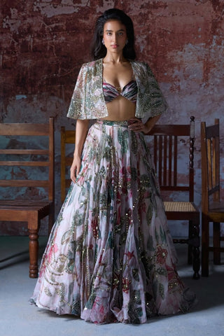 Aarushi Soft Pink Cape And Lehenga Set by Mahima Mahajan, available on Indiaspopup.com