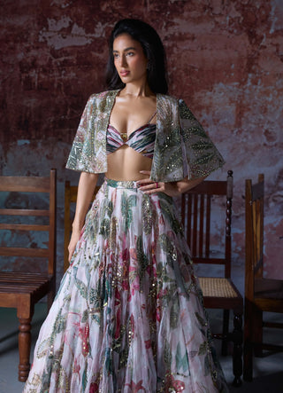 Aarushi Soft Pink Cape And Lehenga Set by Mahima Mahajan, available on Indiaspopup.com