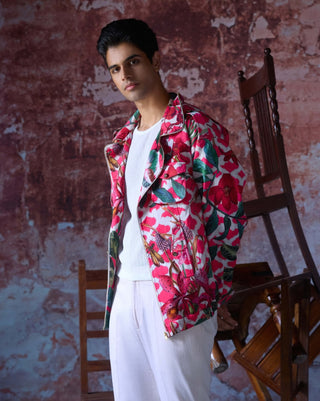 Vaibhav Pink Printed Bomber Jacket by Mahima Mahajan Men, available on Indiaspopup.com