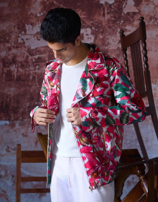 Vaibhav Pink Printed Bomber Jacket by Mahima Mahajan Men, available on Indiaspopup.com