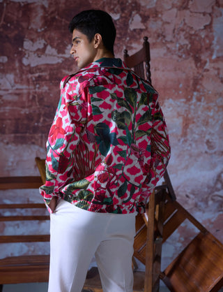 Vaibhav Pink Printed Bomber Jacket by Mahima Mahajan Men, available on Indiaspopup.com