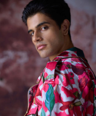 Vaibhav Pink Printed Bomber Jacket by Mahima Mahajan Men, available on Indiaspopup.com