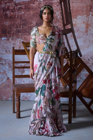 Zafa Soft Pink Ruffle Sari Set by Mahima Mahajan, available on Indiaspopup.com