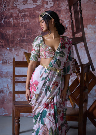 Zafa Soft Pink Ruffle Sari Set by Mahima Mahajan, available on Indiaspopup.com