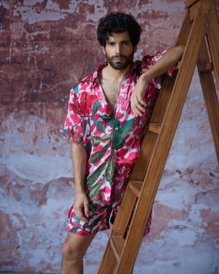 Suvansh Pink Printed Shirt And Shorts by Mahima Mahajan Men, available on Indiaspopup.com