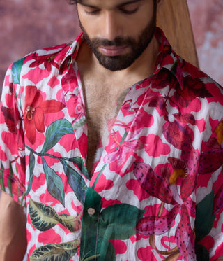 Suvansh Pink Printed Shirt And Shorts by Mahima Mahajan Men, available on Indiaspopup.com